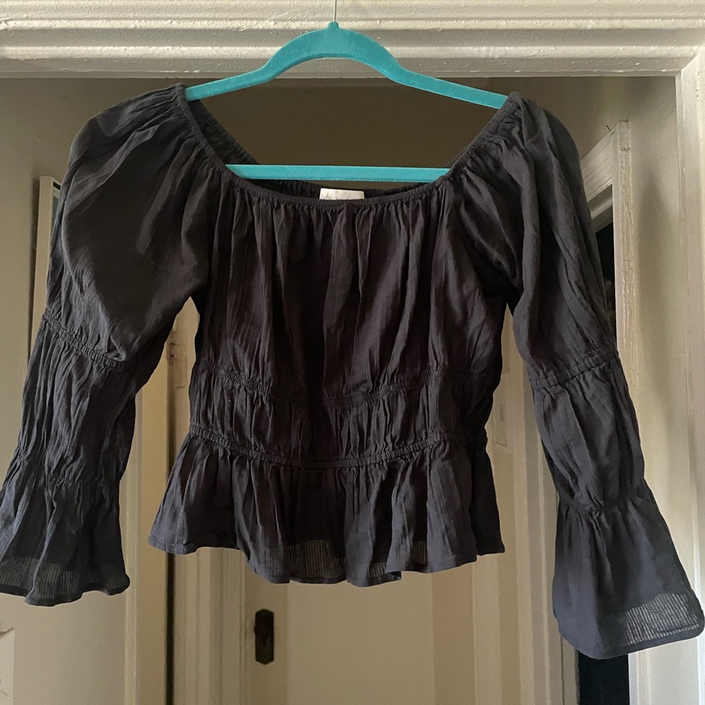 Wayf Black Puff Sleeve Smocked Blouse